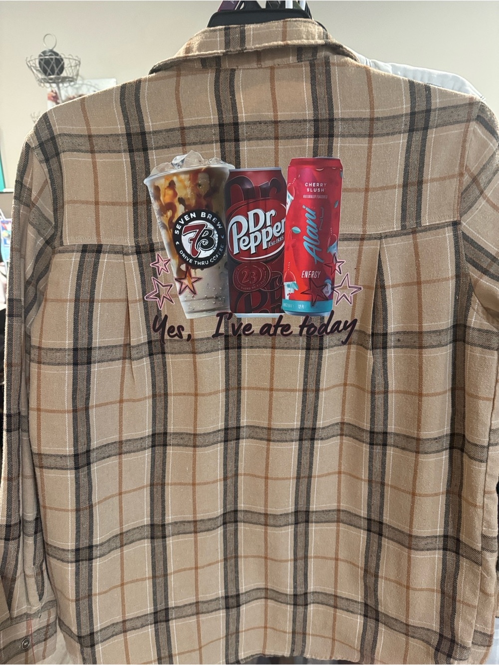 Plaid Button-Down Shirt with Beverage Graphic - Beige